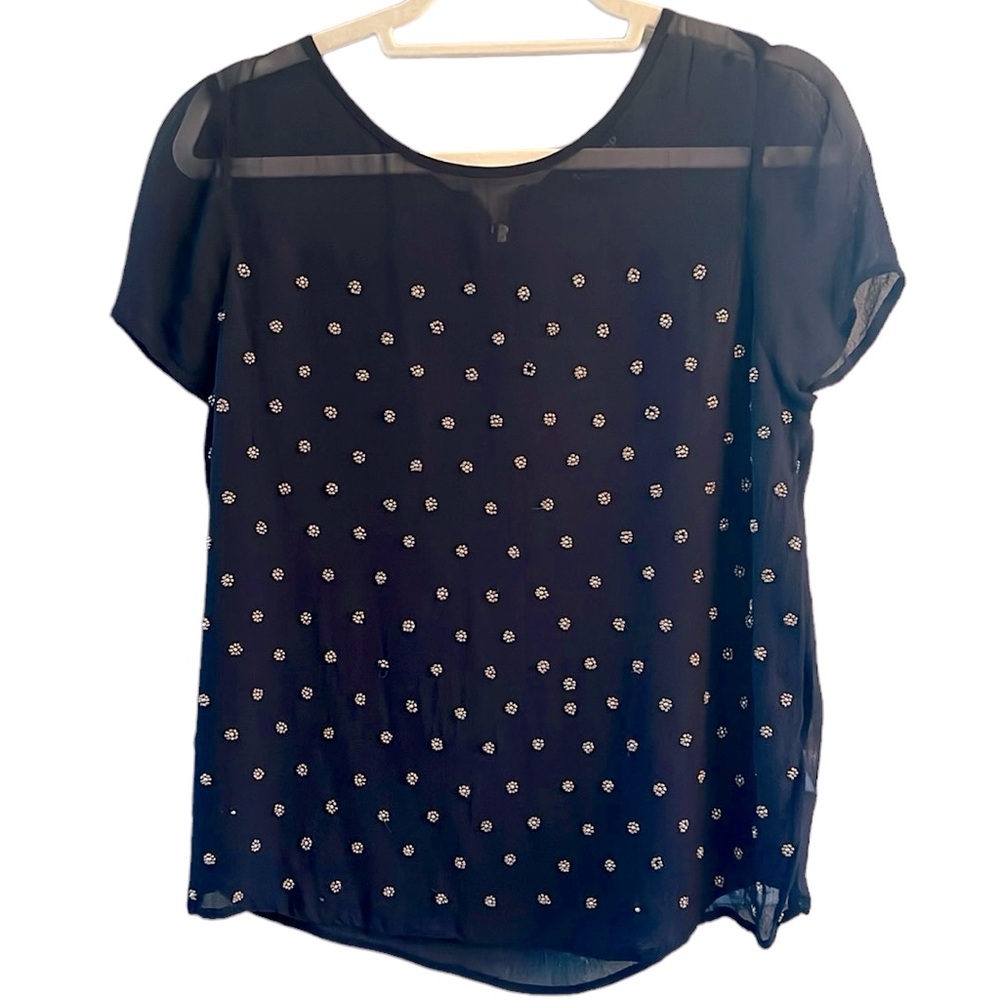 Topshop Sheer Black Beaded Short Sleeve Top Size 8 Zip Back Whimsigoth